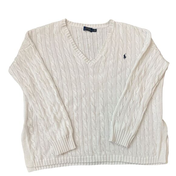 Polo Ralph Lauren Sweaters - Polo Ralph Lauren Cable-Knit Cotton Sweater V-Neck Cream White Women's Size L